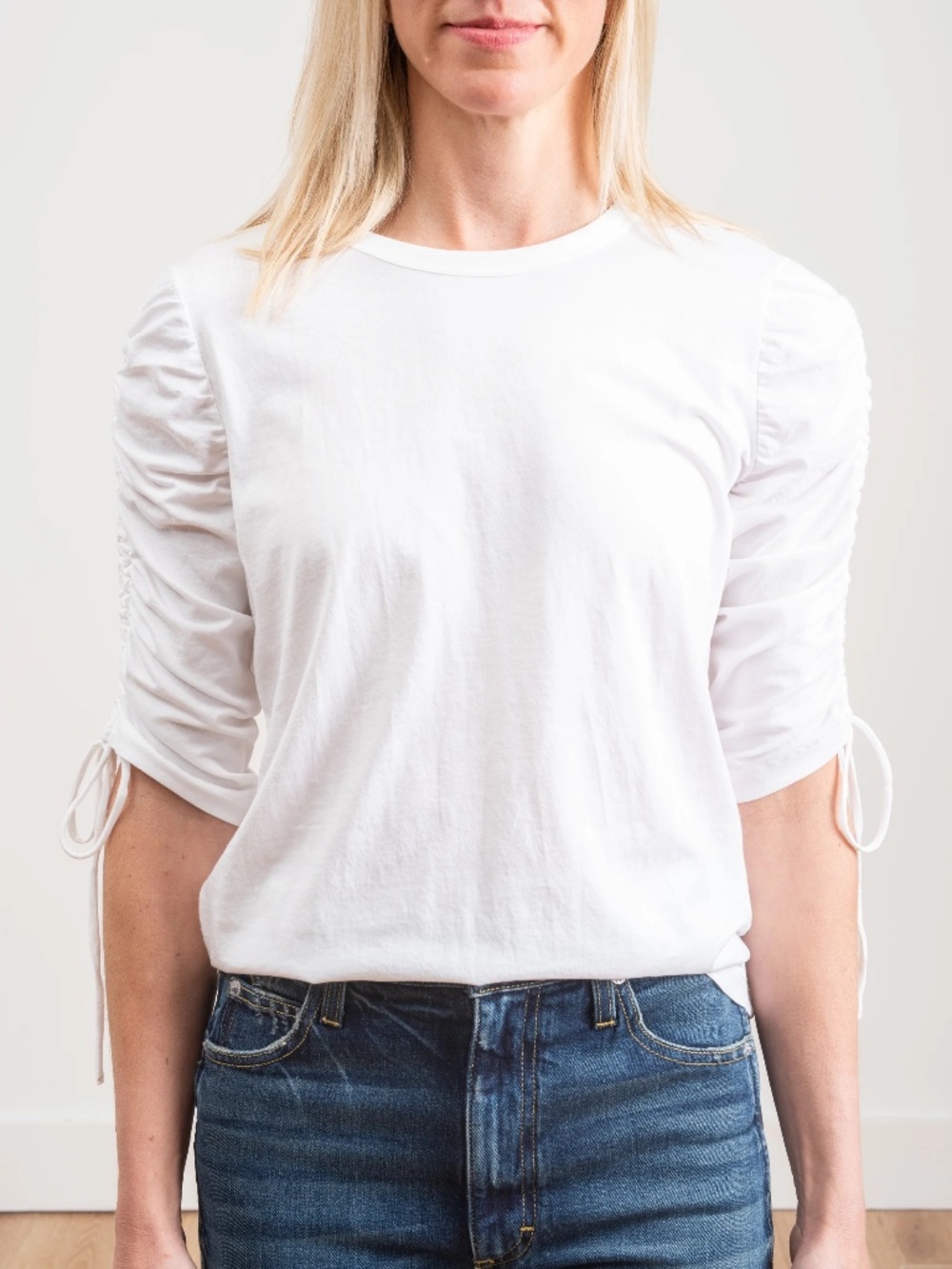 Veronica Beard White Pima Cotton Natalia Ruched-Sleeve Crewneck Top Tee MEDIUM